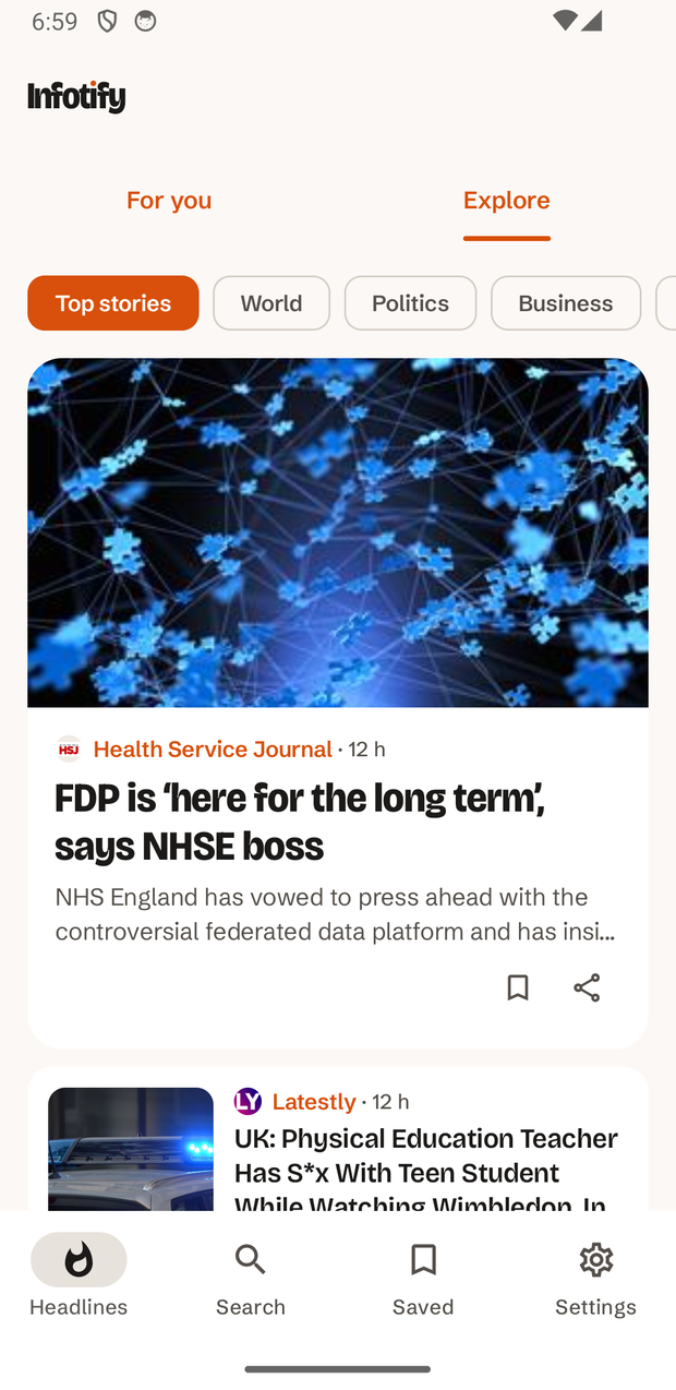 Explore, showing topic chips across the top of the feed