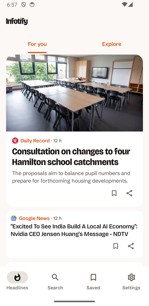 The Infotify feed, showing headlines from several publishers